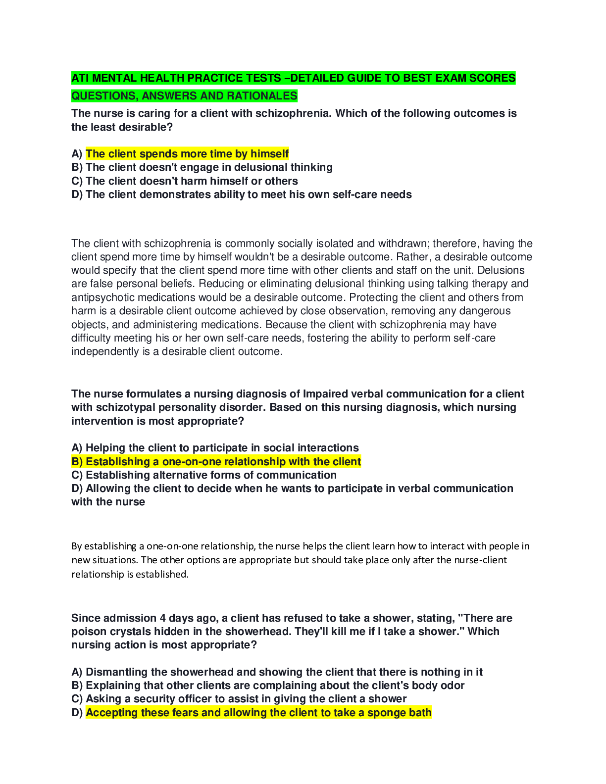 Preview image for ATI MENTAL HEALTH PRACTICE TESTS –DETAILED GUIDE TO BEST EXAM SCORES QUESTIONS, ANSWERS AND RATIONALES